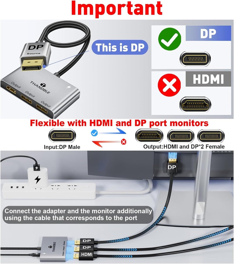 THANDBLE DisplayPort to Dual DisplayPort with HDMI Adapter 4K@60Hz, Extended Display 1 in 3 Out MST Hub for Multiple Monitors Compatible with PC,NVIDIA/AMD Graphics Card - Image 2